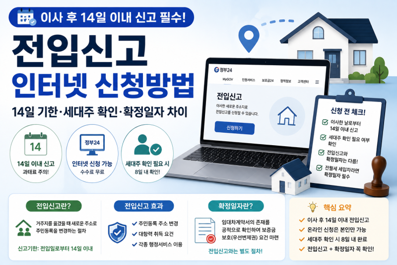 전입신고 인터넷 신청방법, 14일 기한·세대주 확인·확정일자 차이