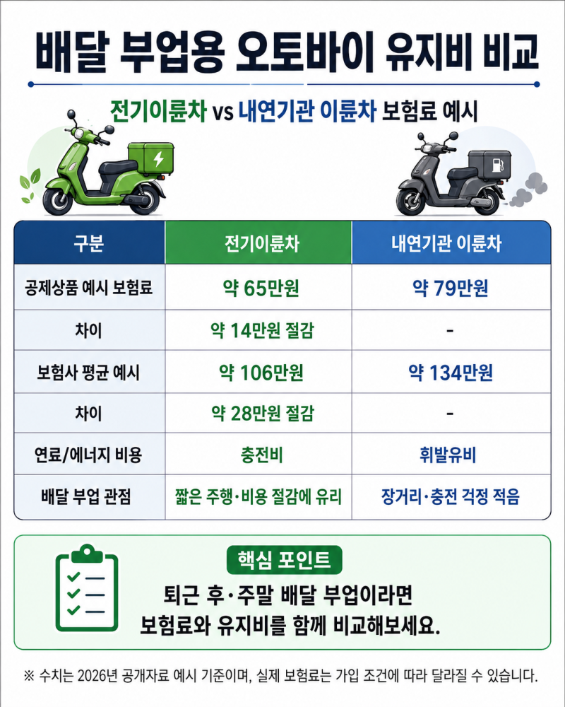 배달 부업 전기오토바이 괜찮을까? 2026 보험료 17.5% 할인·유지비 비교