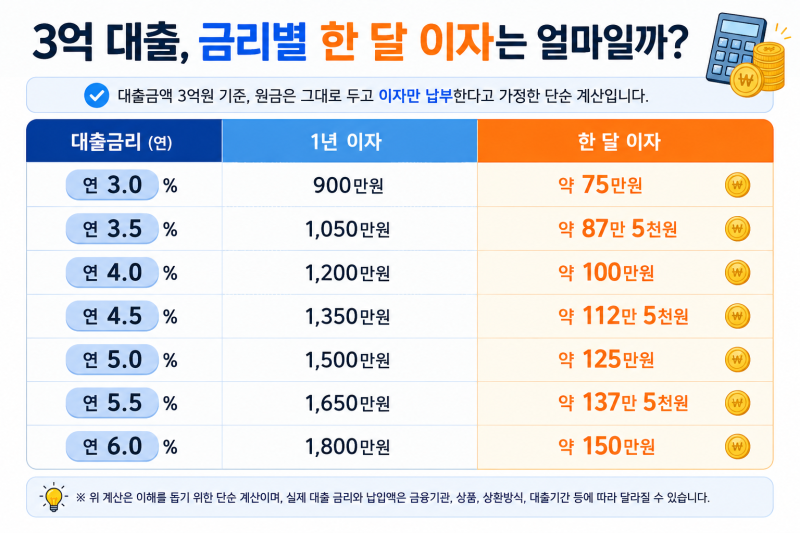 대출 3억이면 한 달 이자 얼마? 금리 3%·4%·5%·6% 계산