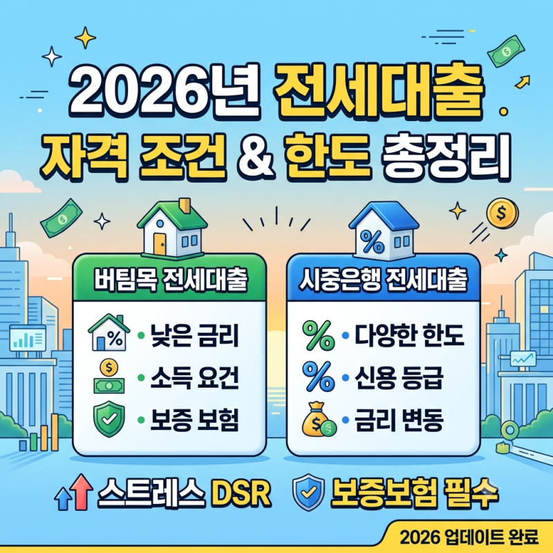 2026년 전세대출 자격 조건 및 한도 총정리 | 버팀목·시중은행 대출 비교와 스트레스 DSR·보증....