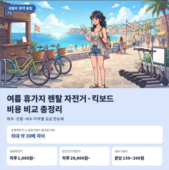 여름 휴가지 렌탈 자전거·킥보드 비용 비교, 제주도부터 강릉·여수까지 총정리