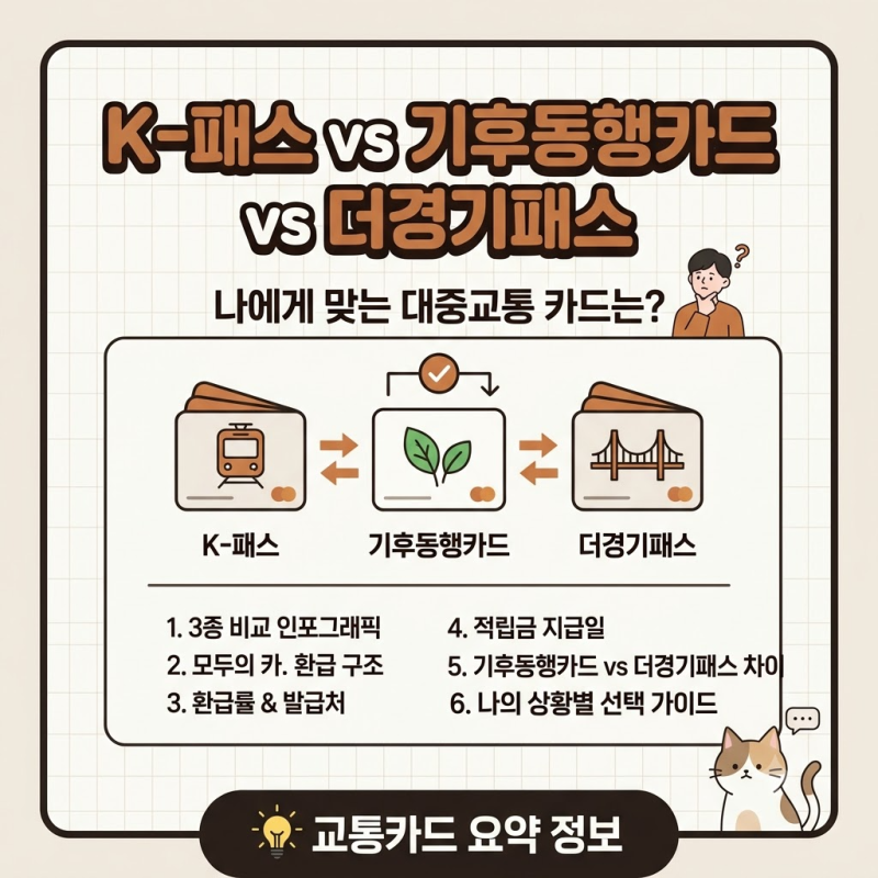2026 K-패스 vs 기후동행카드 vs 더경기패스 비교 및 카드사별 환급금 지급일 총정리