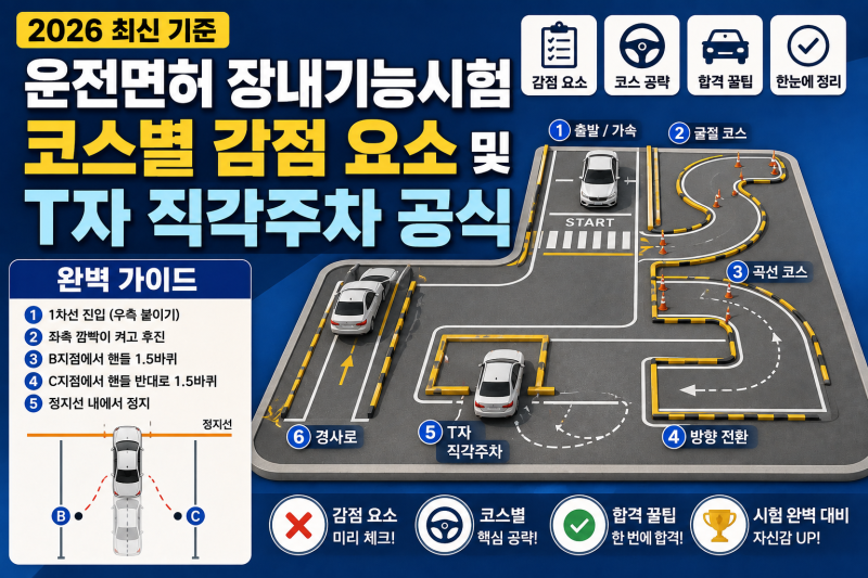 운전면허 장내기능시험 코스별 감점 요소 및 T자 직각주차 공식 완벽 가이드