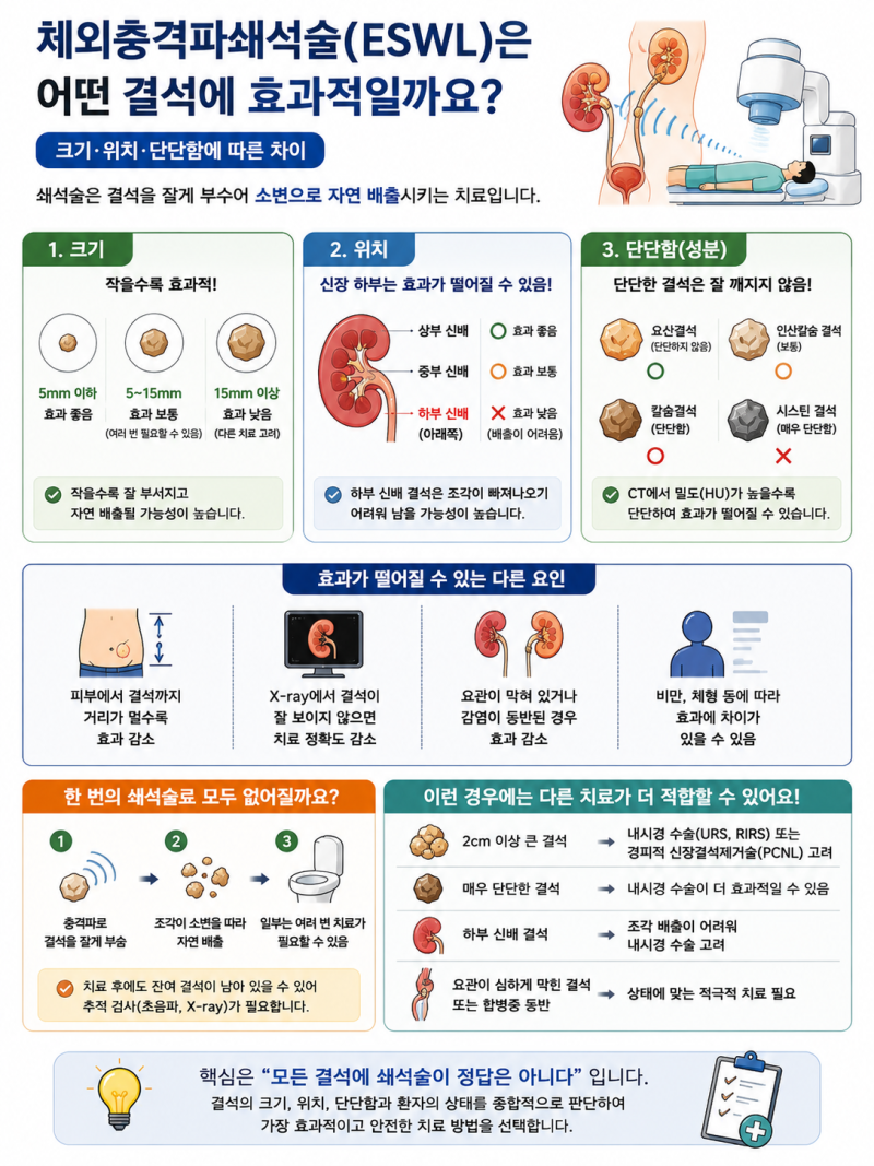 체외충격파쇄석술은 어떤 결석에 효과적일까요?｜크기·위치·단단함에 따른 차이
