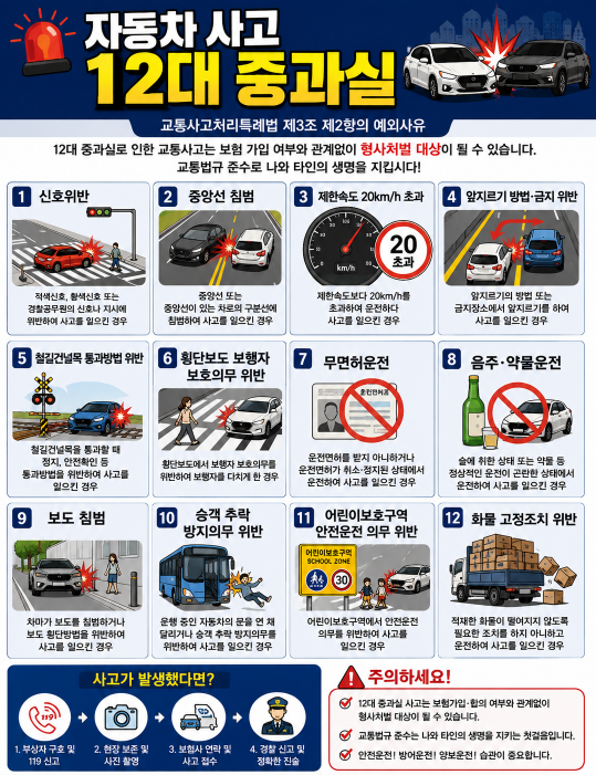 자동차 사고 12대 중과실 총정리! 보험 가입해도 형사 처벌되는 경우는?