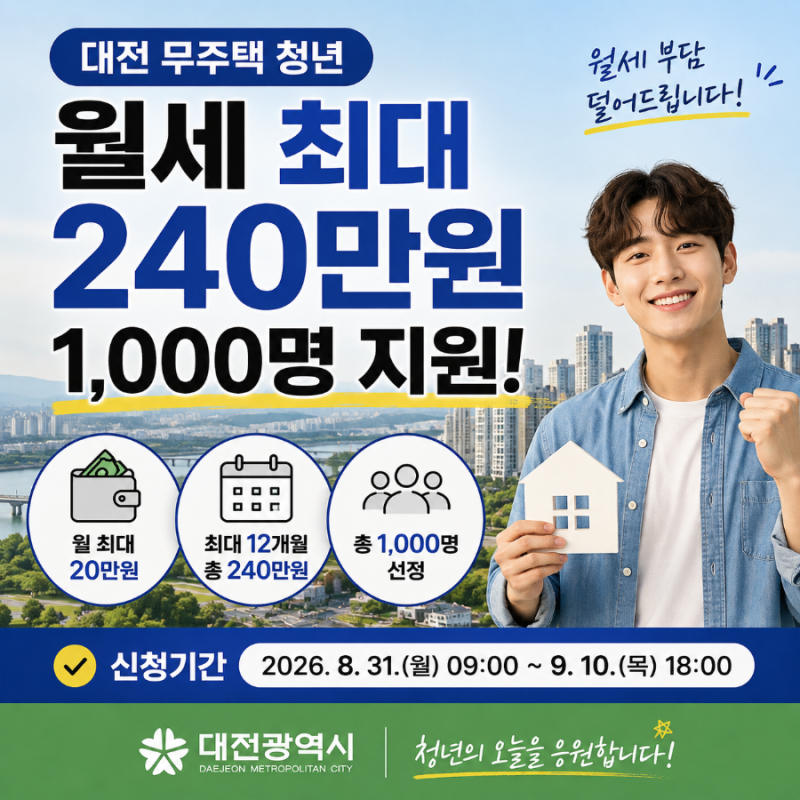 “월세 내는 청년이라면 최대 240만원” 대전 무주택 청년 1,000명 지원합니다