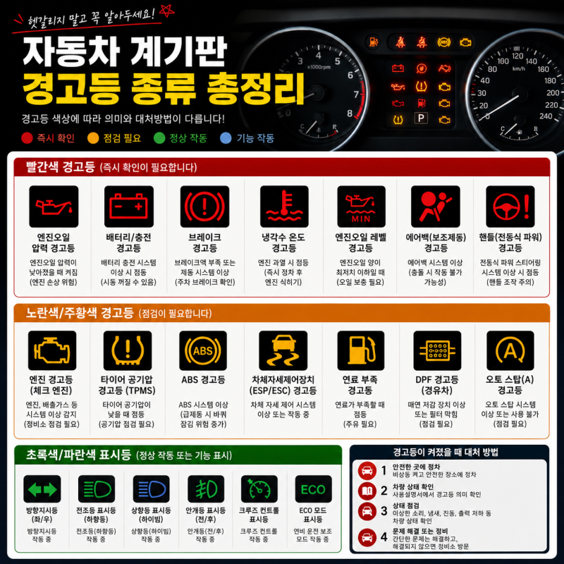 자동차 계기판 경고등 종류 총정리｜빨간색·노란색 불이 켜지면 어떻게 해야 할까?