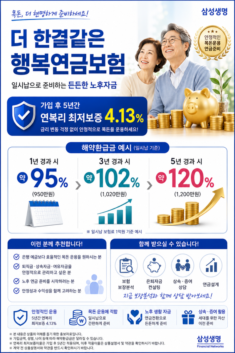 삼성생명의 '더 한결같은 행복연금보험'(일시납 연금보험) 상품입니다. 전문 보험설계사 입....