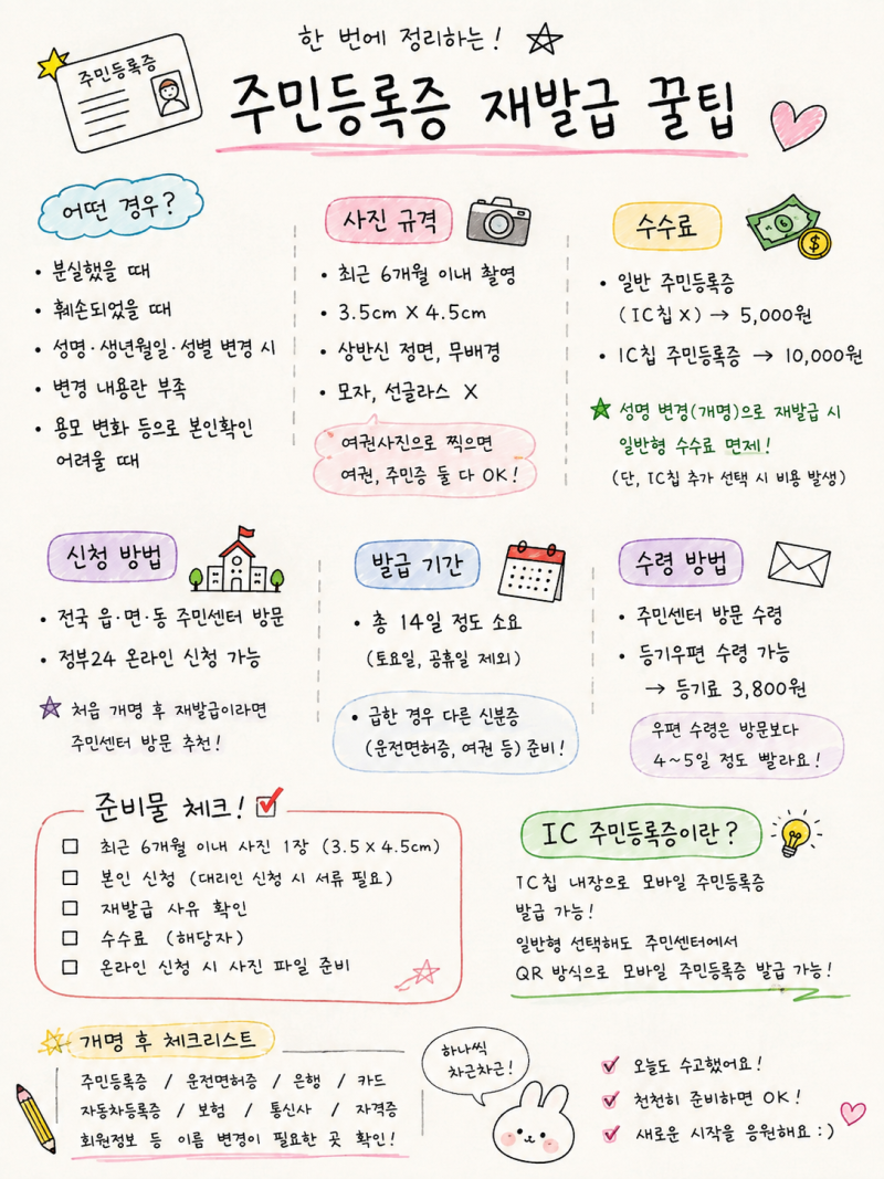 주민등록증 재발급 꿀팁 총정리｜준비물부터 사진, 수수료, 개명 후 재발급까지