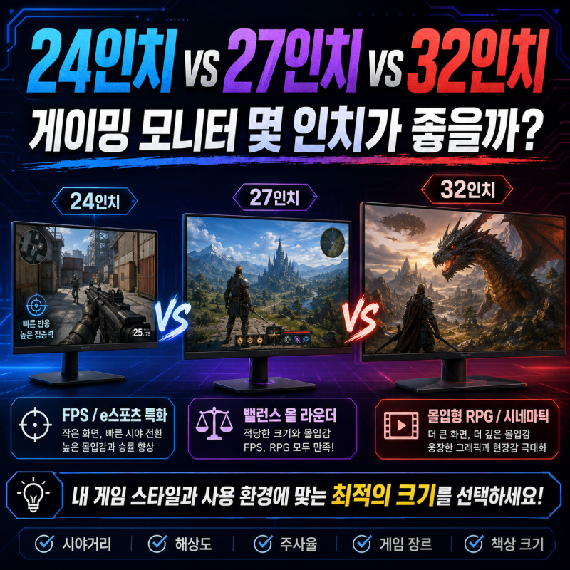 24인치 27인치 32인치 모니터 크기 비교, 게이밍 모니터 몇 인치가 좋을까?