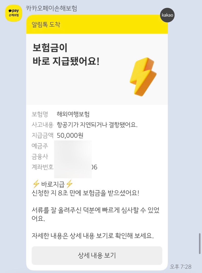 카카오페이손해보험 국내 귀국 항공기 도착 지연 보상 후기 (여행자보험 8초만에 5만원 받는 ....