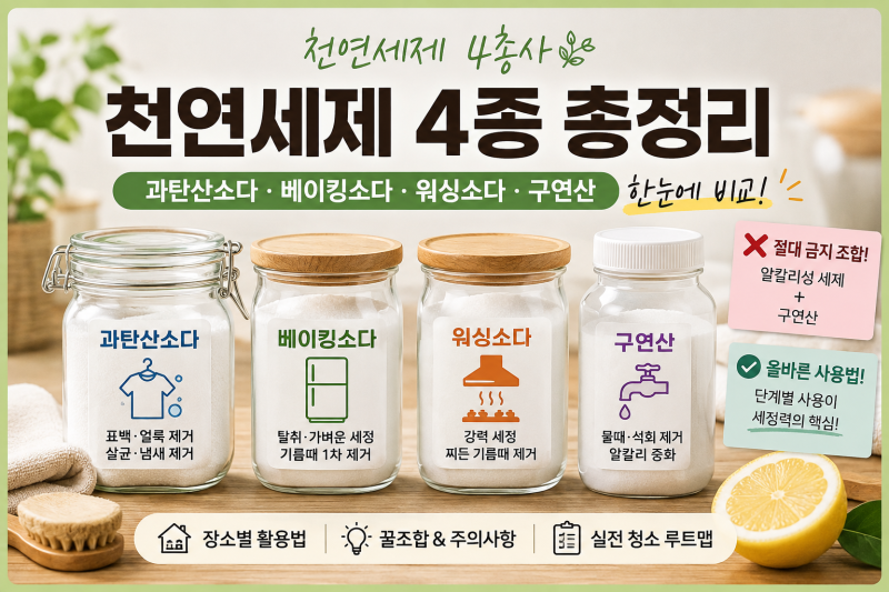 천연세제 4총사 총정리｜과탄산소다·베이킹소다·워싱소다·구연산, 뭐가 다를까?