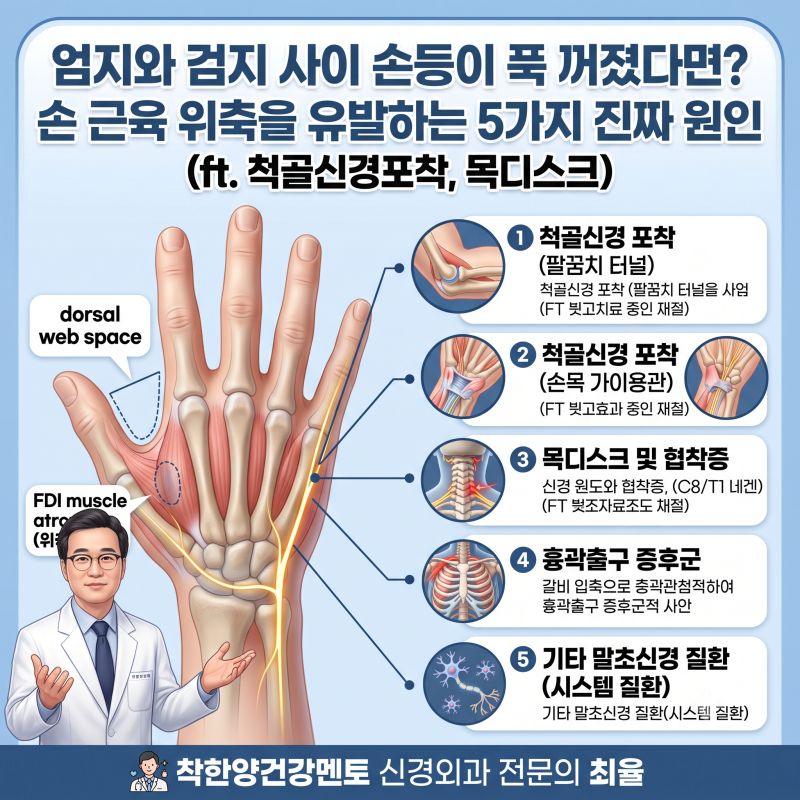 엄지와 검지 사이 손등이 푹 꺼졌다면? 손 근육 위축을 유발하는 5가지 진짜 원인 (ft. 척골신....