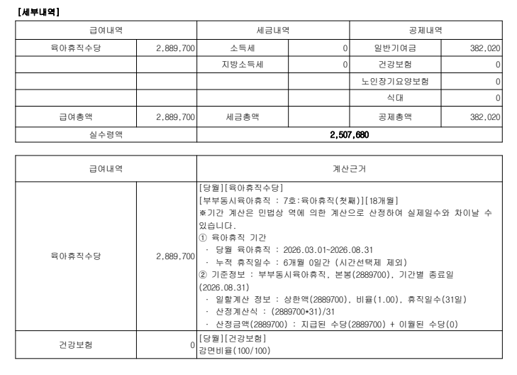 6+6 적용된 육아휴직 급여 6달차 공무원과 복직한 부부공무원의 실수령액 둘다 공개(2026년 8월....