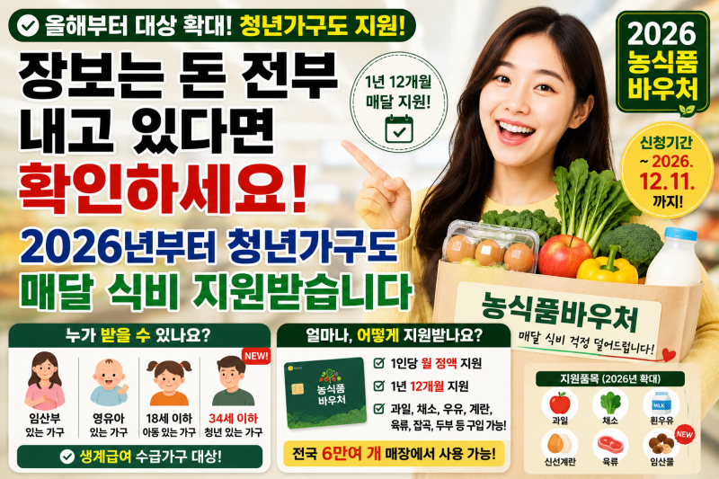 장보는 돈 전부 내고 있다면 확인하세요 2026년부터 청년가구도 매달 식비 지원받습니다.
