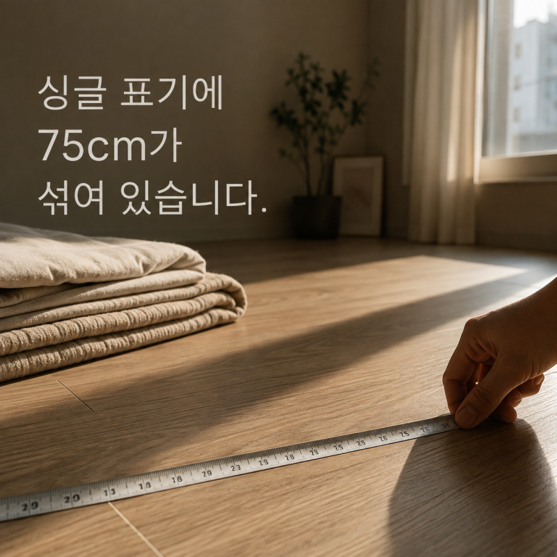 3단 접이식 매트리스 싱글 표기에 75cm가 섞여 있습니다 — 두께 10cm를 기준선으로 네 대를 갈....