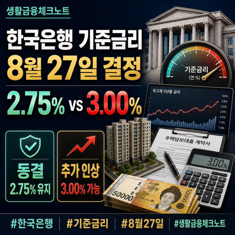 한국은행 기준금리 8월27일 결정, 2.75% 동결할까 3.00% 올릴까? 주담대·예금금리 영향