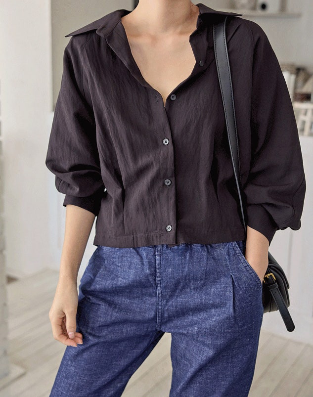 가을 크롭 핀턱 카라 퍼프 긴팔 블라우스 셔츠 여성 빅사이즈