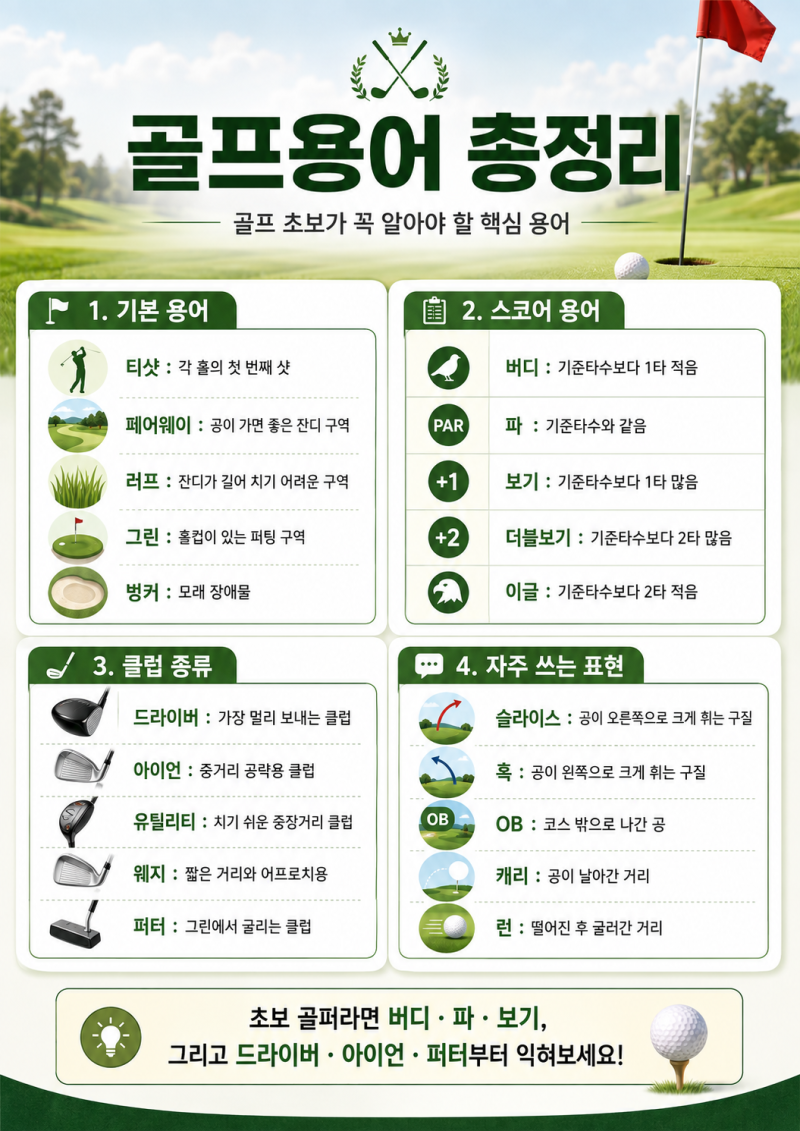 골프 초보 필수 용어 총정리｜버디·보기·OB부터 골프 클럽, 샷 용어까지 한 번에!
