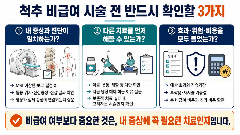 척추 비급여 시술 권유받았을 때 확인해야 할 핵심 기준 3가지