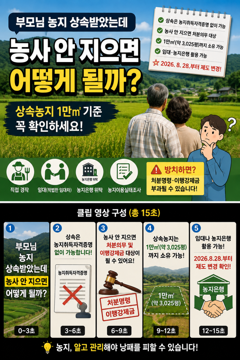 부모님 농지를 상속받았는데 농사를 안 지으면 어떻게 될까?상속농지 1만㎡, 임대·농지은행....