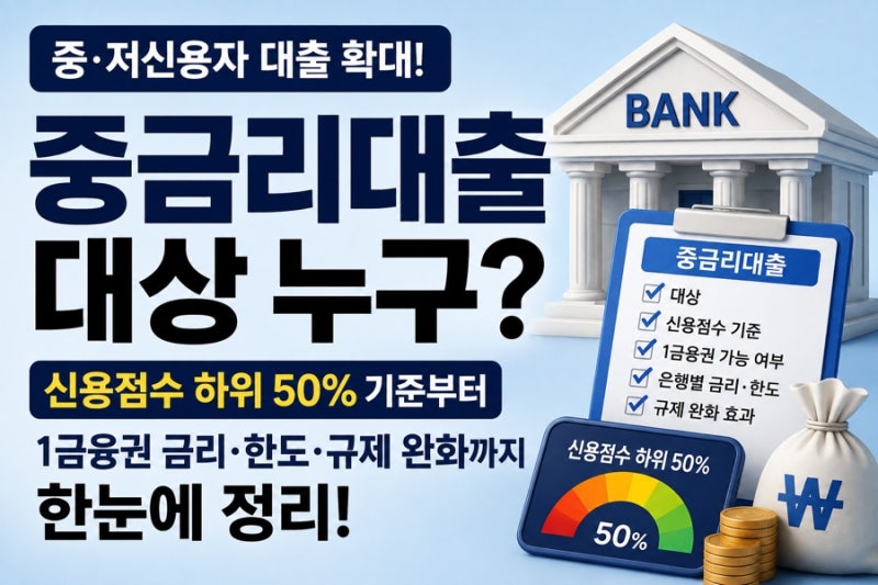 중금리대출 대상 누구? 신용점수 하위 50% 기준 1금융권 금리 한도 규제 완화 총정리
