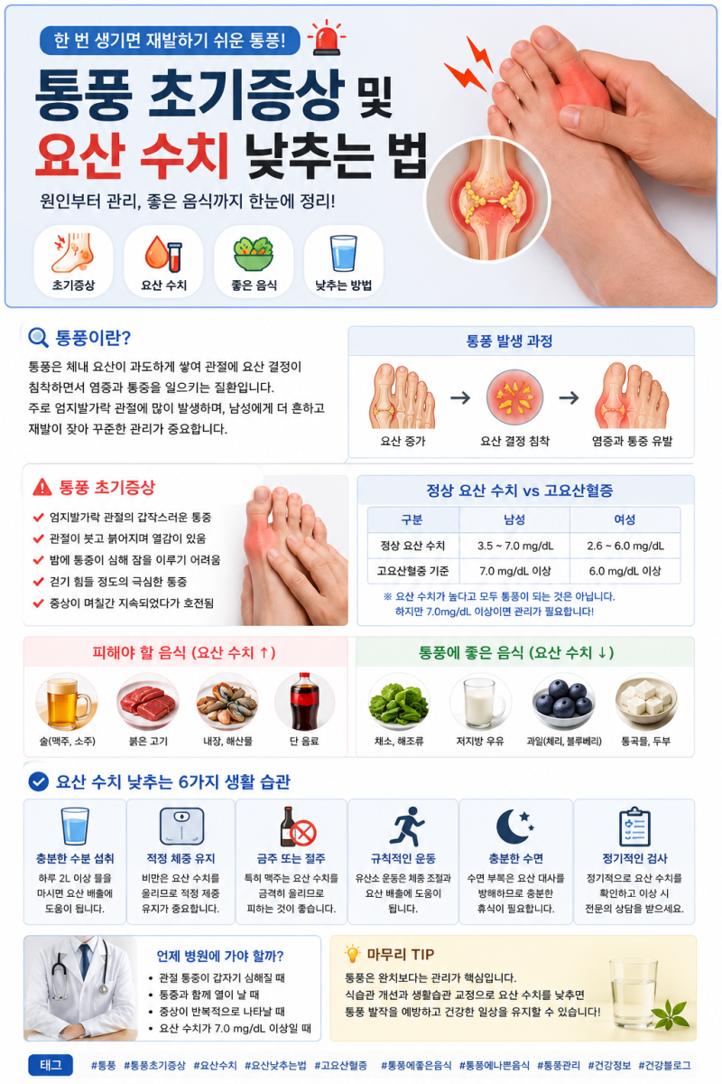 통풍 초기증상 및 요산 수치 낮추는 법｜음식·생활습관까지 총정리