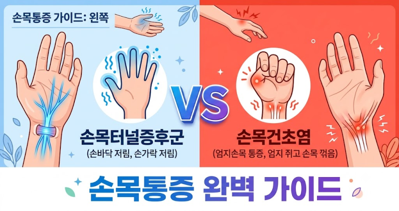 손목통증 완벽 가이드 (2026년 최신) - 손목터널증후군 vs 건초염 구별법