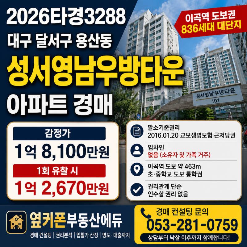 대구 달서구 아파트 경매 성서영남우방타운 2026타경3288 유찰 시 1억 2,670만원 사진 2