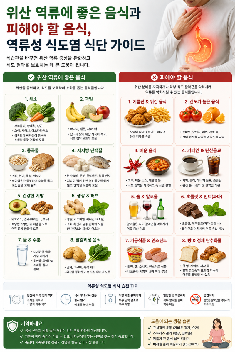 위산 역류에 좋은 음식과 피해야 할 음식, 역류성 식도염 식단 가이드