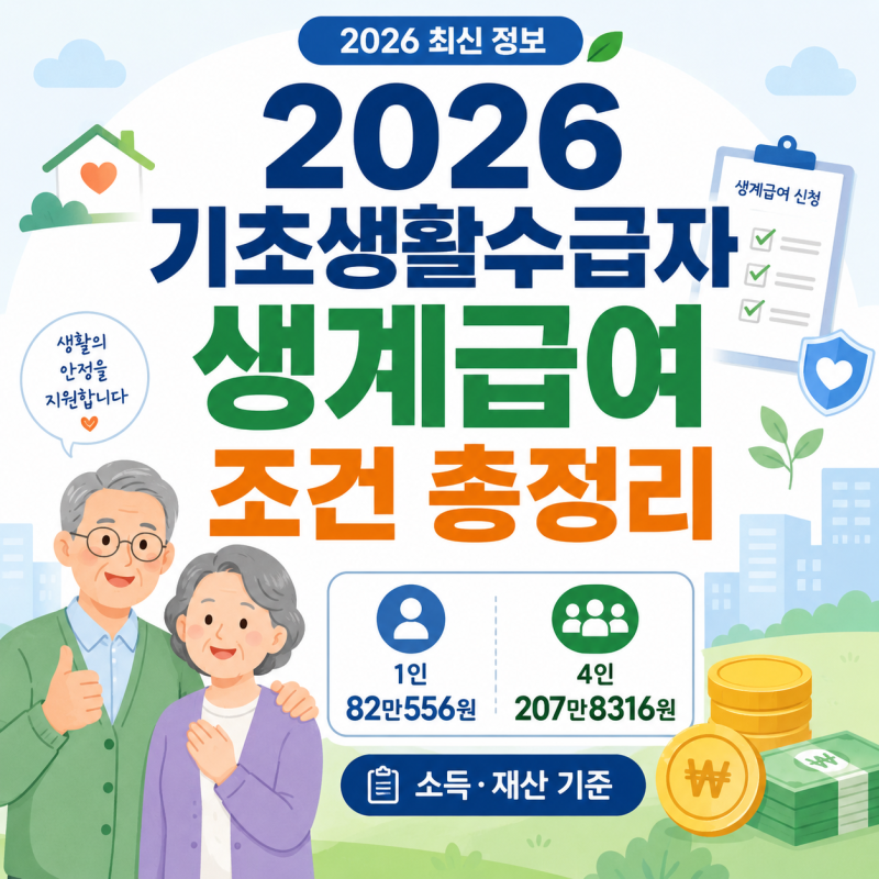 2026 기초생활수급자 생계급여 조건｜1인 82만556원·4인 207만8316원, 소득·재산 기준 총정리