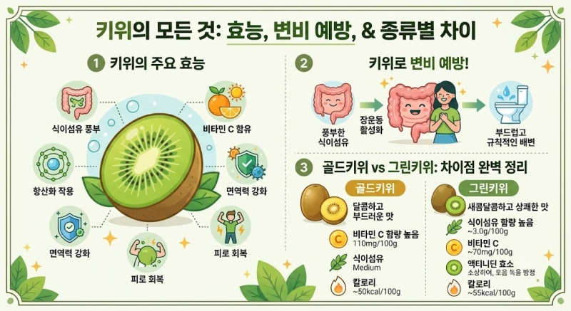 [상큼한 한 알의 기적, 키위의 효능과 변비 탈출법 (골드키위 vs 그린키위 완벽 비교)]