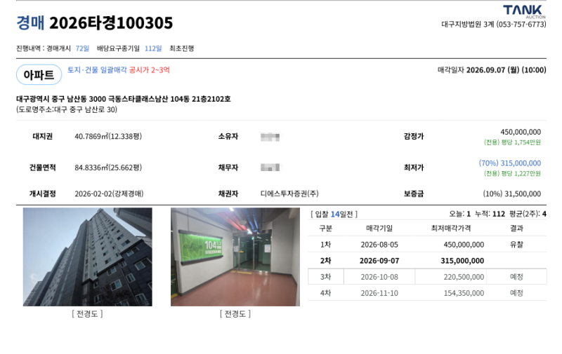 대구 중구 경매아파트 5억대 아파트가 3억1천? 극동스타클래스남산 경매  얼마까지 써도 될까 2026타경100305 사진 3