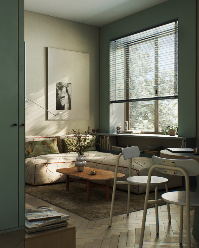원테이블 상부장없는주방 코너형쇼파 배치 돋보이는 거실인테리어