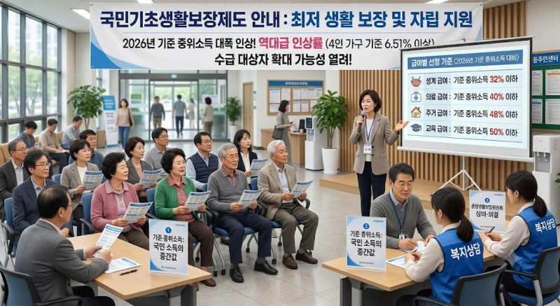 2026 기초생활수급자 조건 소득 기준 총정리 (1~4 가구별 생계·의료·주거급여)