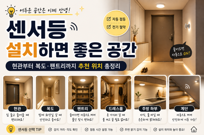 센서등 설치하면 좋은 공간｜현관부터 복도·팬트리까지 위치 추천 총정리