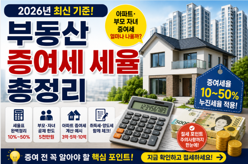 부동산 증여세 세율 총정리｜2026년 아파트·부모 자녀 증여세 얼마나 나올까?