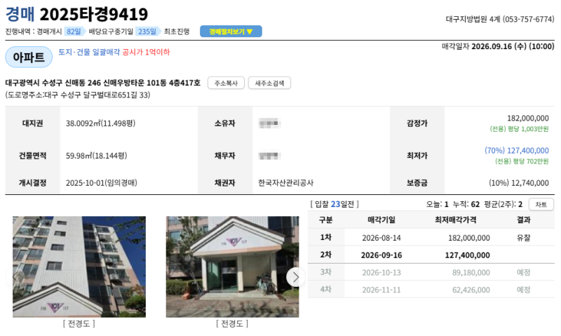 대구 수성구 경매아파트 신매우방타운 1억대 아파트 2025타경9419 권리분석 사진 3