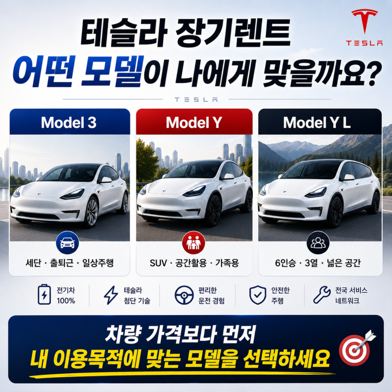테슬라 장기렌트 가격 견적 비교 모델3 모델Y 모델YL 어떤 차이가 있을까?