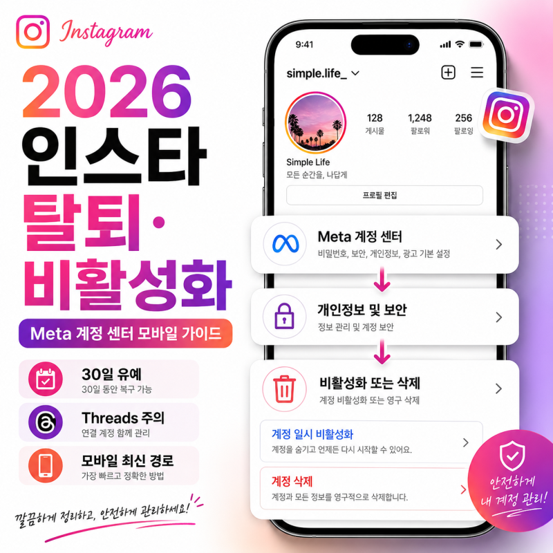 2026년 최신: 인스타그램 탈퇴/비활성화, Meta 계정 센터 완벽 가이드 (모바일)