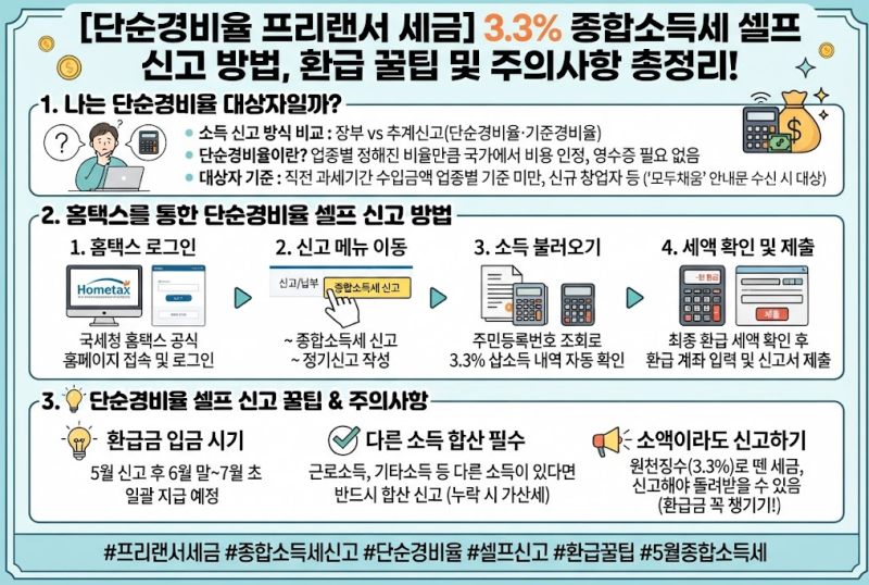 [단순경비율 프리랜서 세금] 3.3% 종합소득세 셀프 신고 방법, 환급 꿀팁 및 주의사항 총정리!