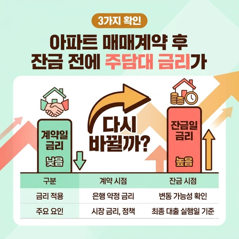 아파트 매매계약 후 잔금 전에 주담대 금리가 오르면 대출금리 다시 바뀔까 2026 기준 확인