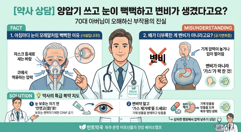 양압기 쓰고 눈이 뻑뻑하고 변비가 생겼다고요? 70대 아버님이 오해하신 부작용의 진실 ️