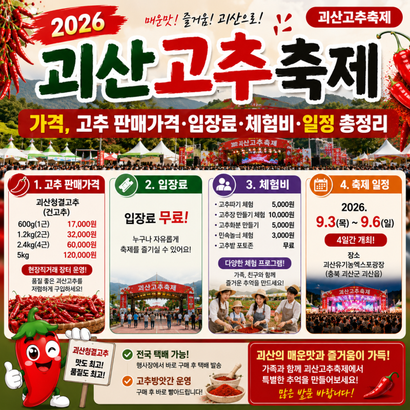2026 괴산고추축제 가격, 고추 판매가격·입장료·체험비·일정 총정리