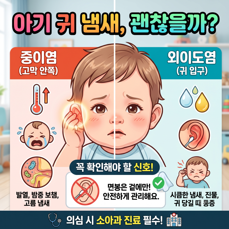아기 귀 냄새 원인 4가지와 중이염·외이도염 구별 기준