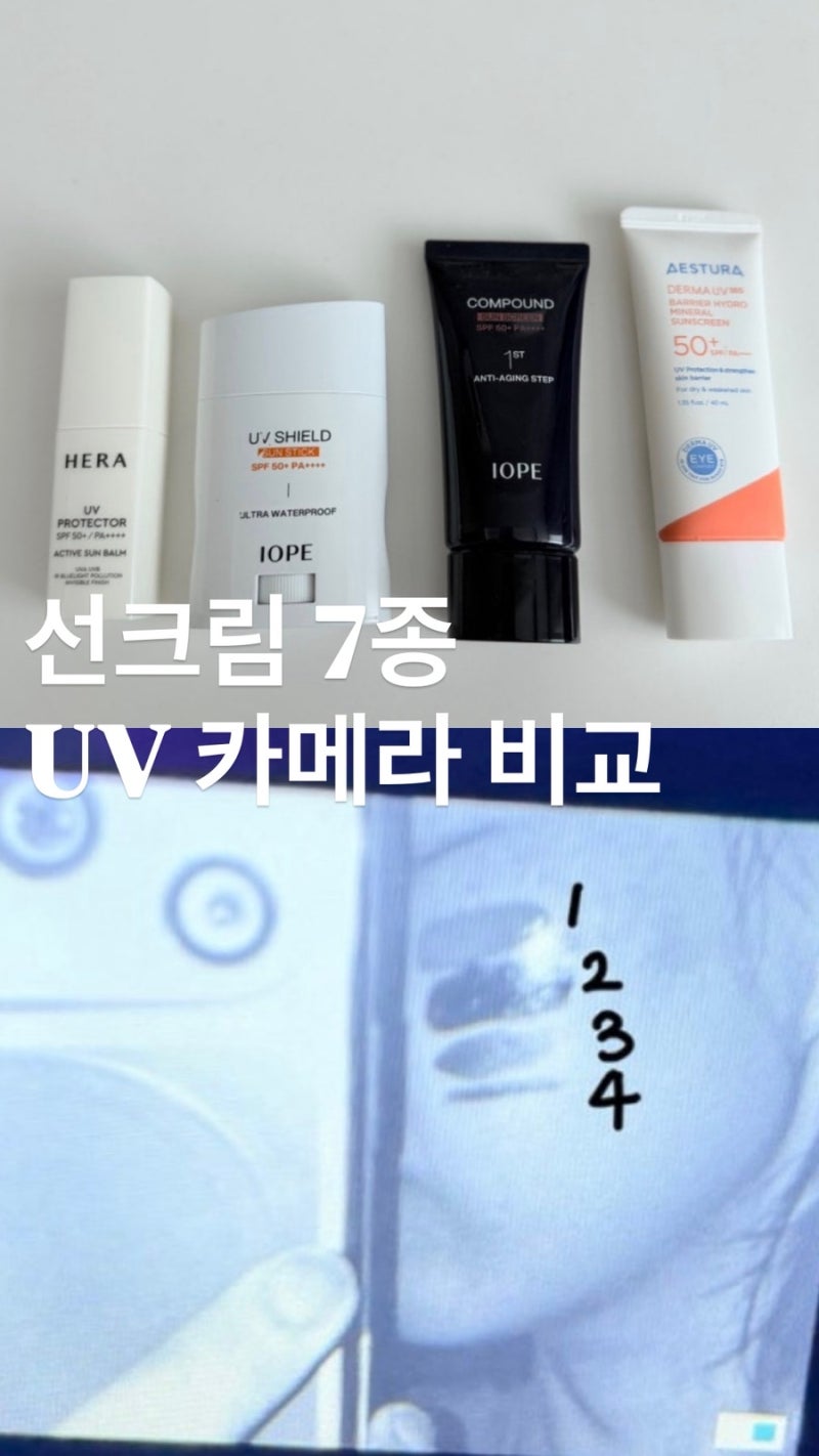 선크림 뭐가 좋아?UV카메라로 선크림·선스틱 7종 비교(아이오페, 헤라, 에스트라, 호주)