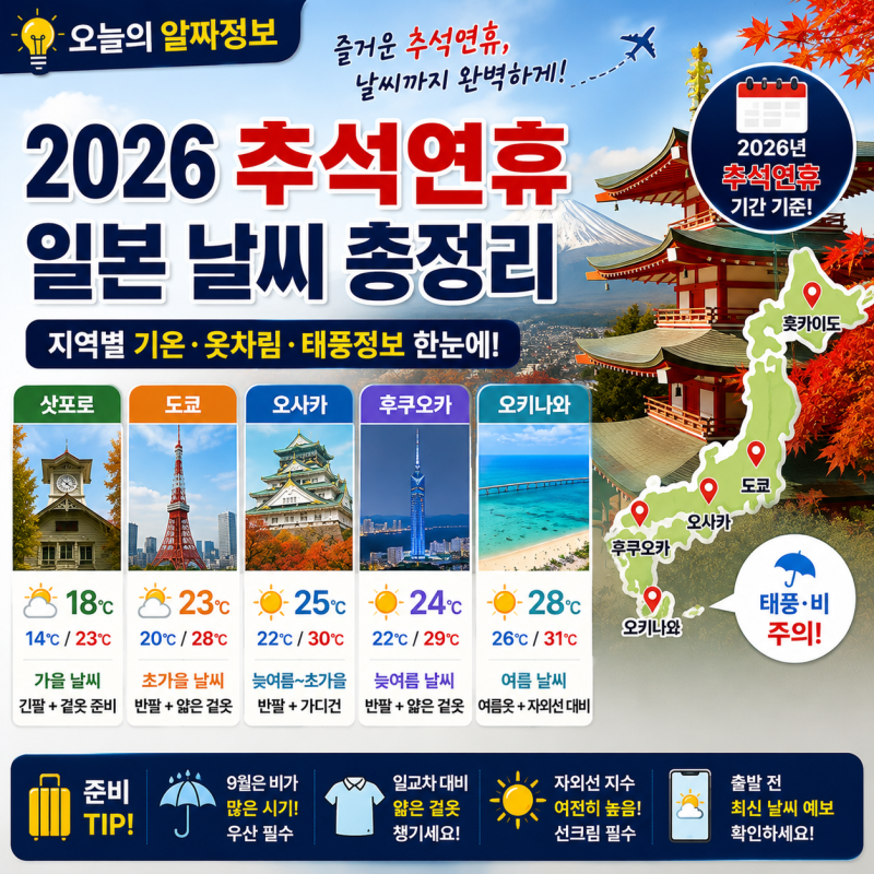 2026 추석연휴 일본 날씨 총정리｜도쿄·오사카·후쿠오카·홋카이도·오키나와 옷차림까지
