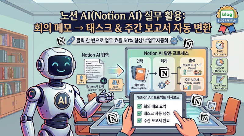 노션 AI(Notion AI) 실무 활용법: 회의 메모 한 줄로 프로젝트 태스크·주간 업무 보고서 자동 생....