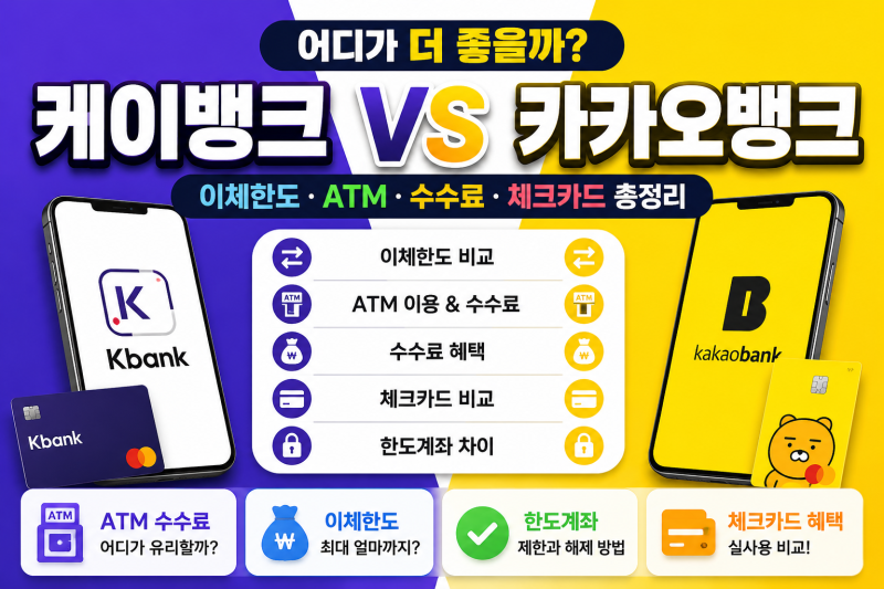케이뱅크 vs 카카오뱅크 비교｜이체한도·ATM·수수료·체크카드 총정리 인터넷은행