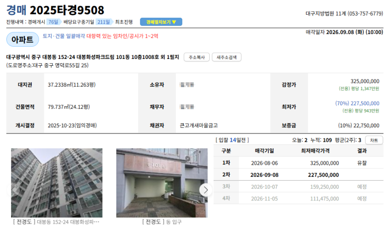 대구 중구 2억대 아파트 경매, 대봉화성파크드림 2025타경9508 최저가 2억 2,750만원, 그런데 임차인 확인이 핵심입니다 사진 3